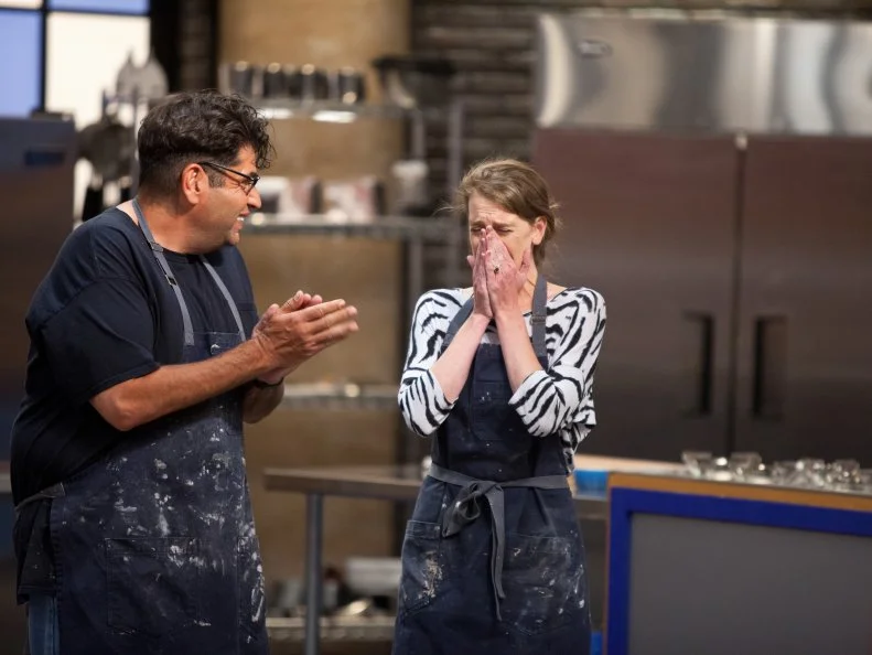 Contestant Samantha Brown learns she is the winner for the Blue Team for her Best In Show 3D dog cake. She made a replica of a yorkshire terrier and beat out fellow contestant David Rosenberg and his french bulldog.  As seen on Food Network's Worst Bakers In America, Season 1.