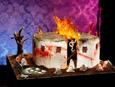 A Halloween gingerbread house called "the smoked out asylum" created by contestant Michelle Antonishek during the main-heat challenge, as seen on Food Network's Halloween Baking Championship, Season 2.