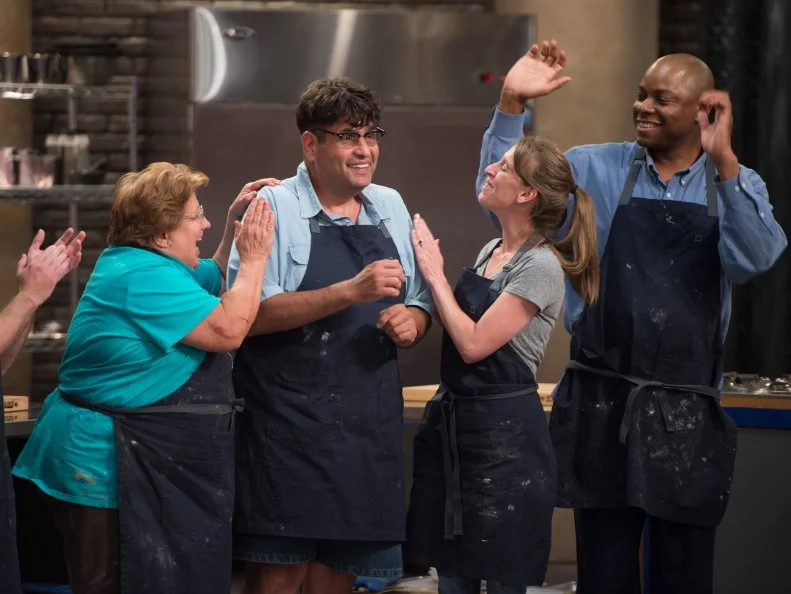 Competitors Ryan Neiman, Judy Welch, David Rosenberg, Samantha Brown, and Carey Westbrook during elimination, as seen on Food Network’s Worst Bakers In America, Season 1.
