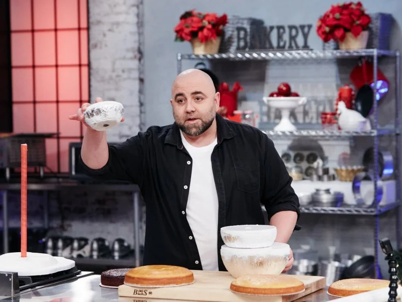 Host Duff Goldman preparing his dish, Snowman, as seen on Food Network's Holiday Baking Championship: Duff's Sweet Spot, Season 3.