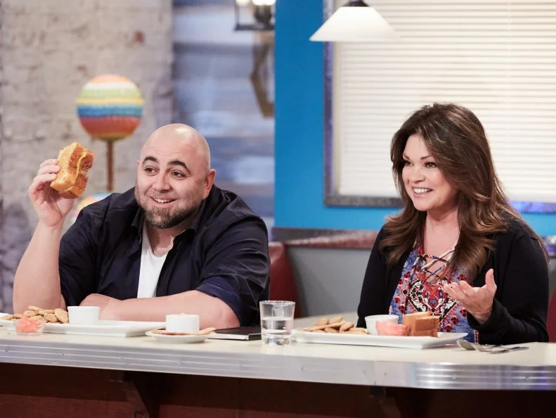 Hosts Duff Goldman and Valerie Bertinelli during judging, as seen on Food Network's Kids Baking Championship, Season 3.