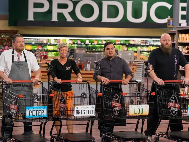 Contestants Peter Campbell, Brigitte Blodsoe, Lou Ramirez and Louie Finnan, as seen on Food Network's Guy's Grocery Games, Season 12.