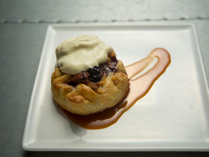 Food beauty of cherry crostata with vanilla ice cream, from the team with Host Anne Burrell and contestant Nick Slater, during the final menu challenge, as seen on Food Network’s Worst Cooks In America, Season 8.