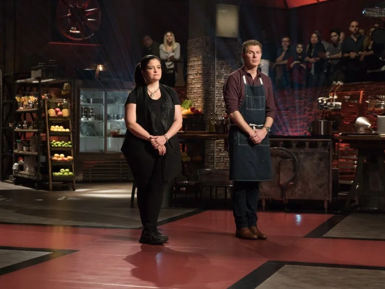 Host Bobby Flay and contestant Alex Guarneschelli, as seen on Food Network's Beat Bobby Flay, Season 8.