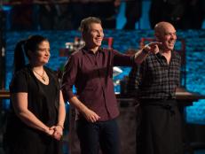 Host Bobby Flay and contestants Michael Symon and Alex Guarneschelli, as seen on Food Network's Beat Bobby Flay, Season 8.