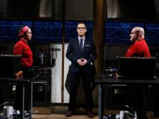 Host Ted Allen stands with chefs Dafna Mizrahi and Adam Greenberg as they face off before the dessert round, as seen on Food Network's Chopped, Season 28.