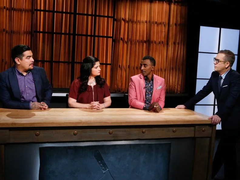 From left, judges Aaron Sanchez, Alex Guarnaschelli and Marcus Samuelsson and host Ted Allen look on during the appetizer round, as seen on Food Network's Chopped, Season 28.
