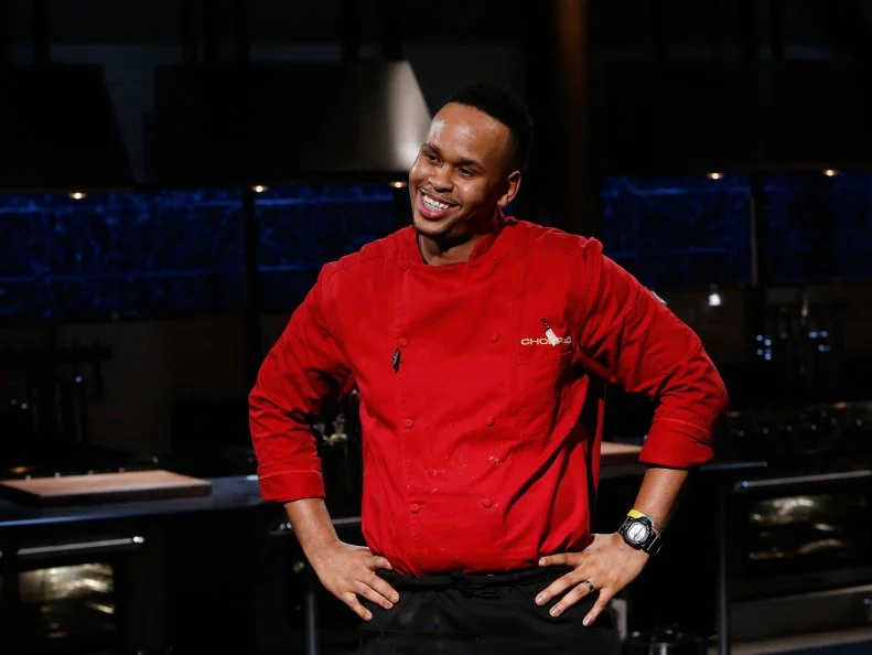 Chefs Andre Fowles reacts after winning and advancing to the grand finale, as seen on Food Network's Chopped, Season 28.