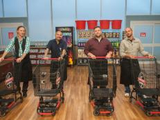 Contestants Chase Meneely, Chris Tzorin, Robbie Jester and Stephane Meloni with their shopping carts, as seen on Food Network's Guy's Grocery Games, Season 9.