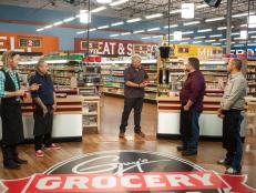 Host Guy Fieri welcomes contestants Chase Meneely, Chris Tzorin, Robbie Jester and Stephane Meloni, as seen on Food Network's Guy's Grocery Games, Season 9.