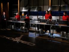 From left, host Ted Allen speaks to chefs Adam Greenberg, Deborah Caplan, Andre Fowles and Meny Vaknin before the appetizer round, as seen on Food Network's Chopped, Season 28.
