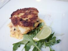 Finalist Rob Burmeister's dish, Nantucket Crab Cake with Bacon Maple Cream Corn, for the Star Challenge, as seen on Food Network Star, Season 12.