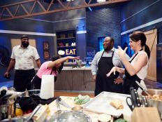 Contestants Yaku Moton-Spruill, Tregaye Fraser, Jernard Wells and Joy Thompson preparing their dishes for the Star Challenge, Destination Show Promos, as seen on Food Network Star, Season 12.
