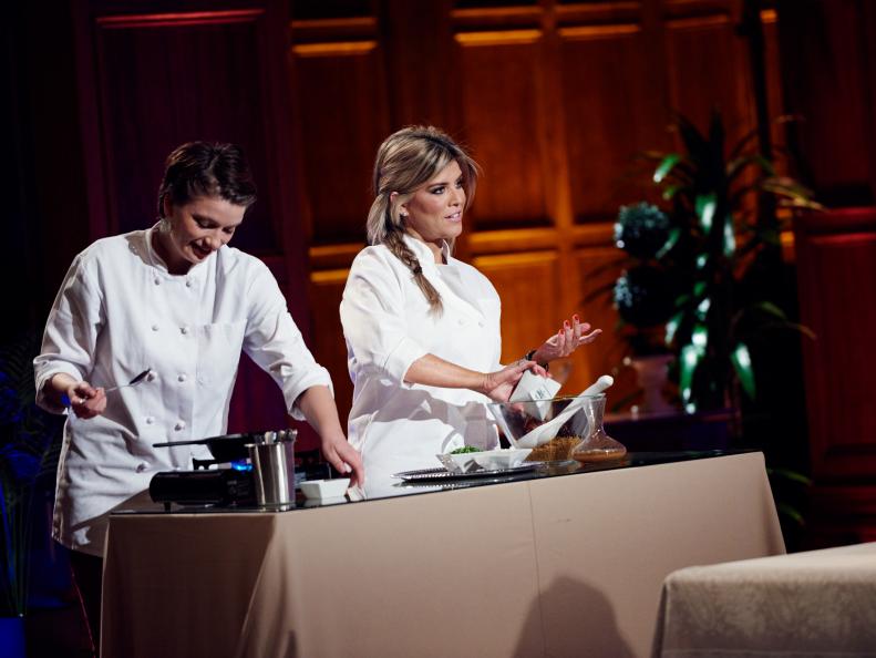 Contestants Monterey Salka and Ana Quincoces during evaluations for the Star Challenge, Room Service, as seen on Food Network Star, Season 12.