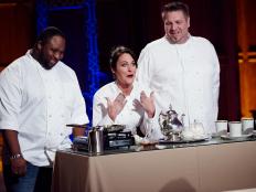 Contestants Jernard Wells, Joy Thompson and Rob Burmeister during evaluations for the Star Challenge, Room Service, as seen on Food Network Star, Season 12.