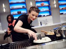 Contestant Monterey Salka preparing her dish, Crispy Skin Cod with Roasted Cauliflower Puree, for the Mentor Challenge, ET Don't Phone In, as seen on Food Network Star, Season 12.
