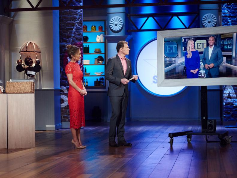 Hosts Bobby Flay and Giada de Laurentiis during the reveal of the Mentor Challenge, ET Don't Phone It In, as seen on Food Network Star, Season 12.