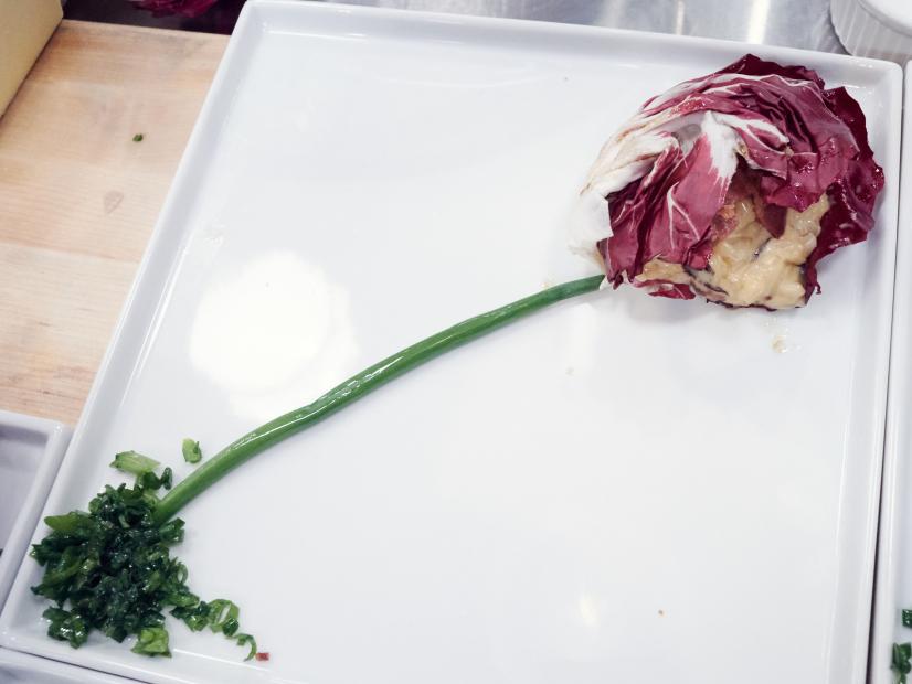 Finalist Damiano Carrara's dish, Risotto with Radicchio and Gorgonzola, for the Mentor Challenge, Edible Art, as seen on Food Network Star, Season 12.