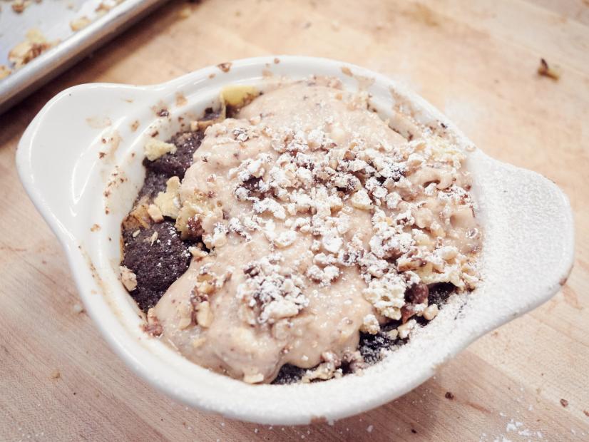 Finalist Tregaye Fraser's dish, Chocolate Banana Peanut Bread Pudding, for the Mentor Challenge, Freeze-Out, as seen on Food Network Star, Season 12.