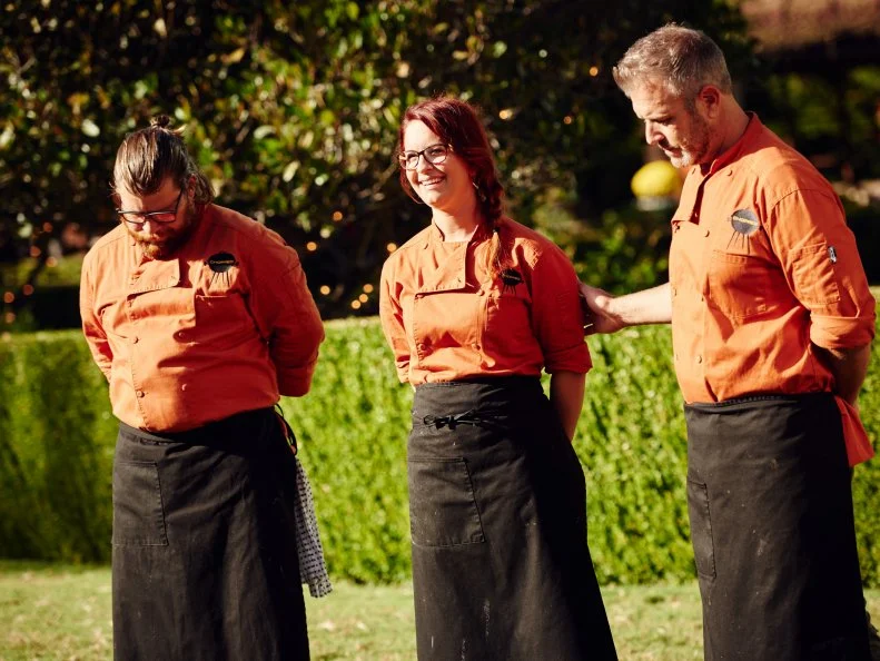 Chefs Jonathan Sawyer, Ashley Pado and Chad Rosenthal during deliberations for Round 2, as seen on Food Network's Chopped, Grill Masters Special.