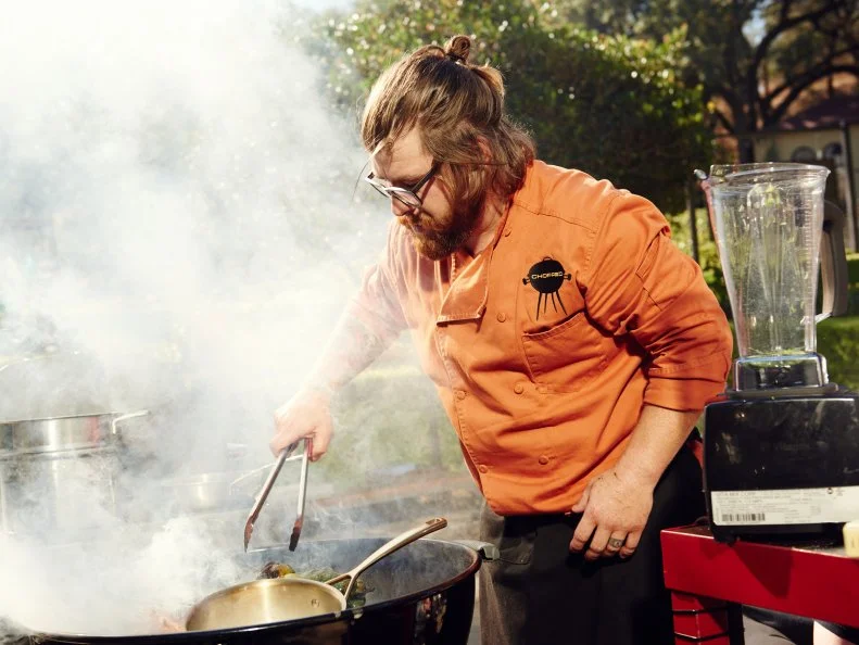 Chef Jonathan Sawyer preparing his Round 2 dish, Oaxaca Block Party, as seen on Food Network's Chopped, Grill Masters Special.