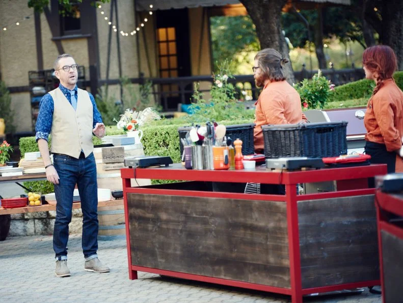 Host Ted Allen with Chefs Jonathan Sawyer and Ashley Pado, as seen on Food Network's Chopped, Grill Masters Special.