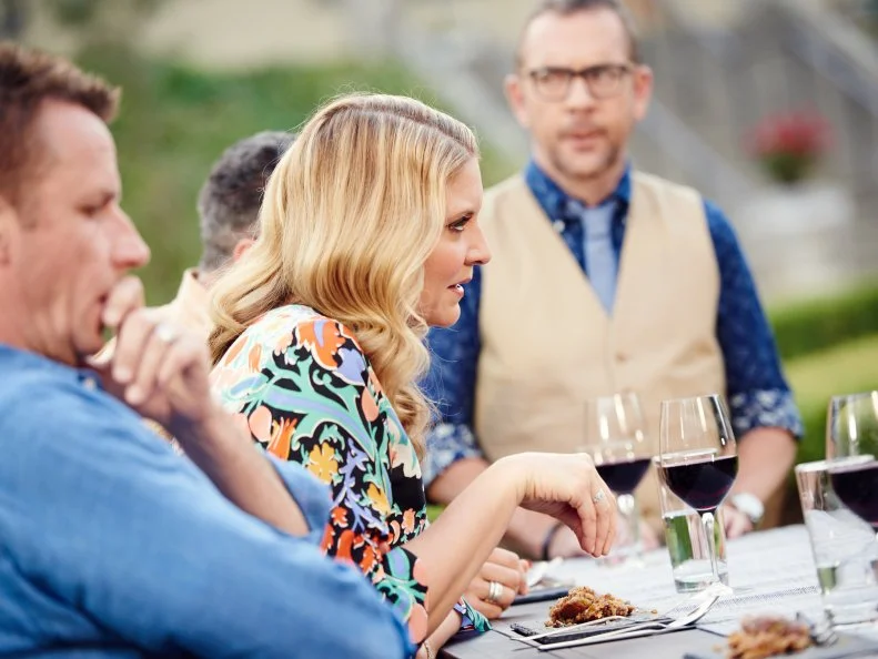 Host Ted Allen with Judges Marc Murphy, Amanda Freitag and Michael Chiarello during Round 3 deliberations, as seen on Food Network's Chopped, Grill Masters Special.