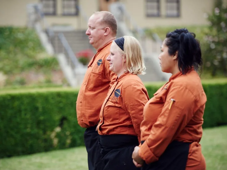 Chefs Christopher Schobel, Karen Mitchell and Sophina Uong during Round 2 deliberation, as seen on Food Network's Chopped, Grill Masters Special.