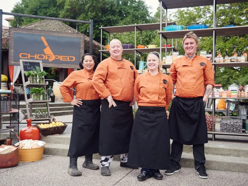 Chefs Sophina Uong, Christopher Schobel, Karen Mitchell, and Nate Berrigan-Dunlop, as seen on Food Network's Chopped, Grill Masters Special.