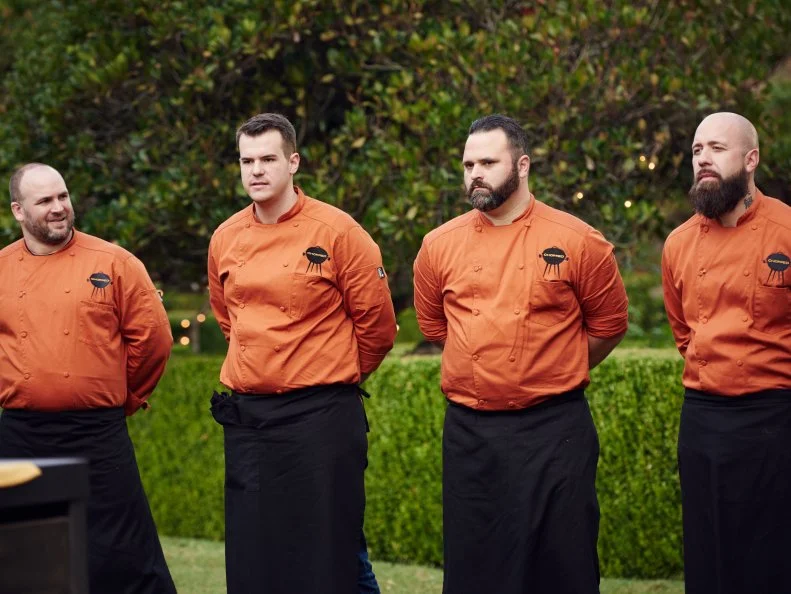 Chefs Charles Grund, Brian Bruns, Jason Bergeron and Daniel Gomez Sanchez during Round 1 deliberation, as seen on Food Network's Chopped, Grill Masters Special.
