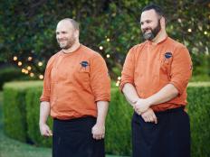 Chefs Daniel Gomez Sanchez and Jason Bergeron during Round 3 deliberation, as seen on Food Network's Chopped, Grill Masters Special.