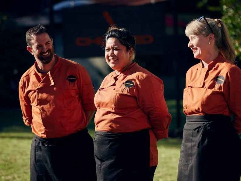 Chefs Tracy Anderson, Chrissy Camba and Tony Maws during Round 2 deliberation, as seen on Food Network's Chopped, Grill Masters Special.