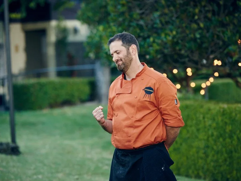 Chef Tony Maws during Round 3 deliberation, as seen on Food Network's Chopped, Grill Masters Special.