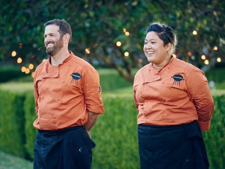 Chefs Tony Maws and Chrissy Camba during Round 3 deliberation, as seen on Food Network's Chopped, Grill Masters Special.
