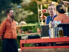 Host Ted Allen with Chefs Tony Maws and Chrissy Camba at the start of Round 3, as seen on Food Network's Chopped, Grill Masters Special.