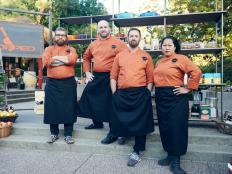 Chefs Tony Maws, Jonathan Sawyer, Daniel Gomez Sanchez and Sophina Uong at the start of Round 1, as seen on Food Network's Chopped, Grill Masters Special.