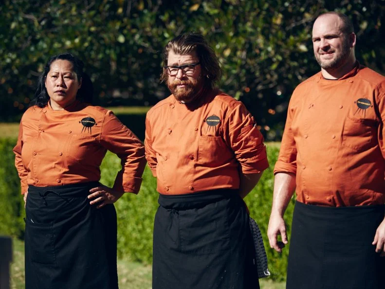 Chefs Sophina Uong, Jonathan Sawyer and Daniel Gomez Sanchez during Round 2 deliberation, as seen on Food Network's Chopped, Grill Masters Special.