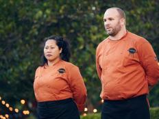 Chefs Daniel Gomez Sanchez and Sophina Uong during Round 3 deliberation, as seen on Food Network's Chopped, Grill Masters Special.