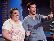 Finalists Erin Campbell and Damiano Carrara during the reveal of the Mentor Challenge, Edible Art, as seen on Food Network Star, Season 12.