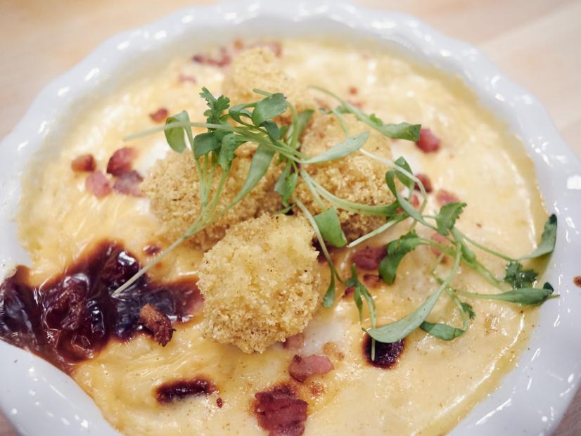 Finalist Tregaye Fraser's dish, Deep Fried Octopus Mac and Cheese, for the Star Challenge, Guest Starring on Good Mythical Morning, as seen on Food Network Star, Season 12.