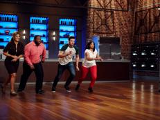 Finalists Ana Quincoces, Jernard Wells, Damiano Carrara and Tregaye Fraser during the reveal of the Mentor Challenge, Every Day is a Food Holiday, as seen on Food Network Star, Season 12.