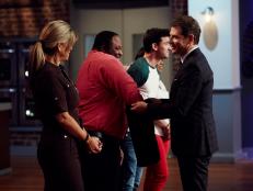 Host Bobby Flay with Finalists Ana Quincoces, Jernard Wells, Damiano Carrara and Tregaye Fraser during the reveal of the Mentor Challenge, Every Day is a Food Holiday, as seen on Food Network Star, Season 12.