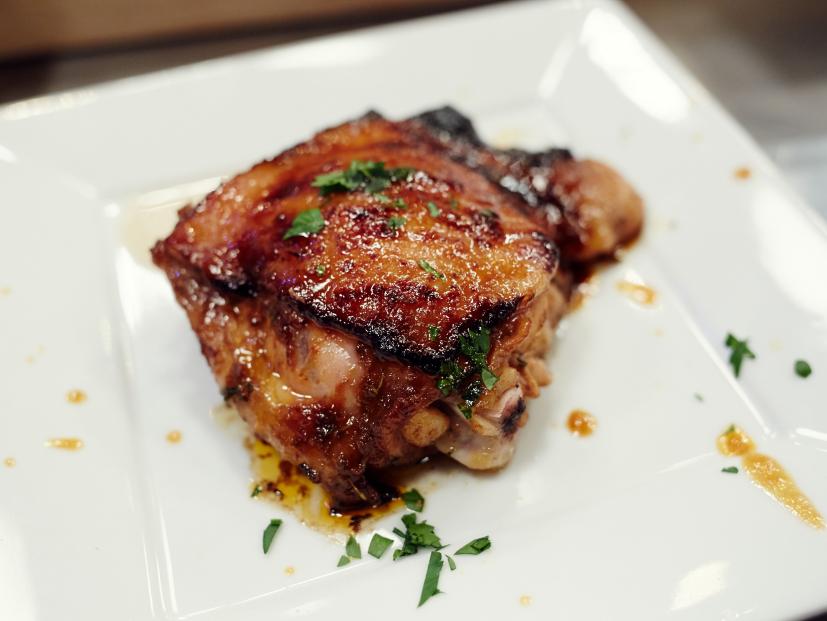 Finalist Jernard Wells' dish, Hot Buttered Rum Grilled Chicken, for the Mentor Challenge, Every Day is a Food Holiday, as seen on Food Network Star, Season 12.