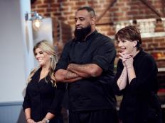 Finalists Monterey Salka, Ana Quincoces and Yaku Moton-Spruill during the reveal of the Hometown Favorites challenge, as seen on Star Salvation for Food Network Star, Season 12.