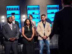 Host Bobby Flay with Finalists Jernard Wells, Tregaye Fraser and Damiano Carrara during the finale, as seen on Food Network's Food Network Star, Season 12.
