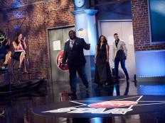 Finalists Jernard Wells, Tregaye Fraser and Damiano Carrara walking out at the start of the finale, as seen on Food Network's Food Network Star, Season 12.