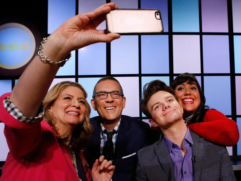 Judges Amanda Freitag, Chris Colfer and Raiza Costa take a selfie with host Ted Allen, as seen on Food Network's Chopped Junior, Season 3.