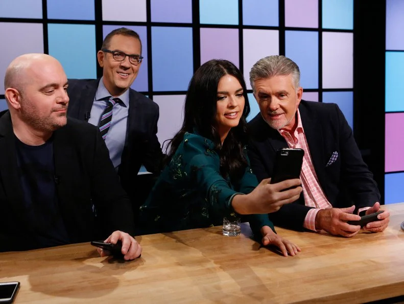 Judges Chris Santos, Katie Lee and Alan Thicke take a selfie with host Ted Allen, as seen on Food Network's Chopped Junior, Season 3.