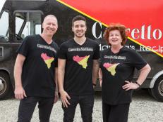 Team Carretto Siciliano, left to right Angelo Giaimo, Vinny Guadagnino and Paola Guadagnino, as seen on Food Network's The Great Food Truck Race, Season 7.