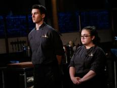 Teen chefs Jared Goldberg and Kamryn Kohler face the judges during the dessert round chopping, as seen on Food Network's Chopped, Season 29.